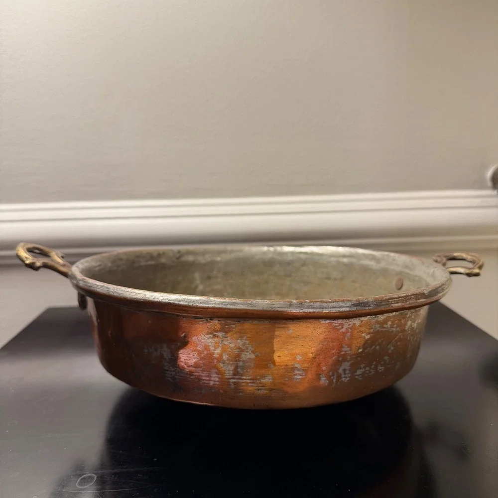 Antique‎ Hammered Copper Egg Poacher Pan Brass Handles 7 Cup Rustic 10 Inch